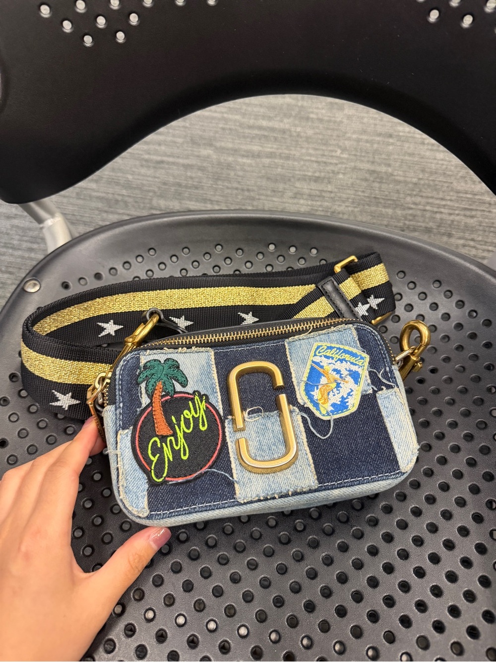 Marc Jacobs Denim Patch Crossbody with Gold Hardware and Star-Trim Strap